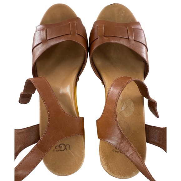 UGG Brown Leather Heeled Sandals Wooden Clogs Buckle Accents Women's 9 Retro - Picture 6 of 9